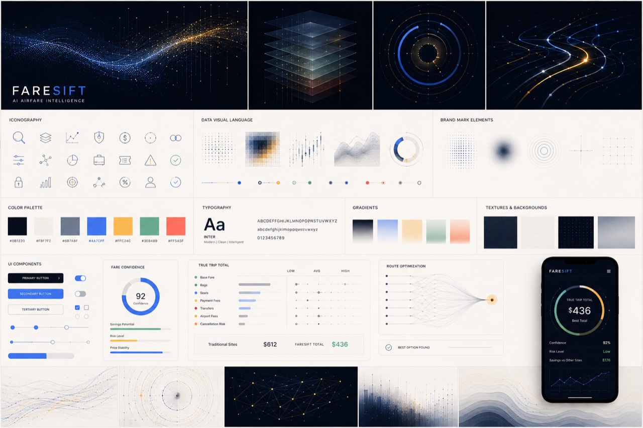 FareSift visual system connecting airfare confidence, true-trip cost, route optimization, and mobile analysis