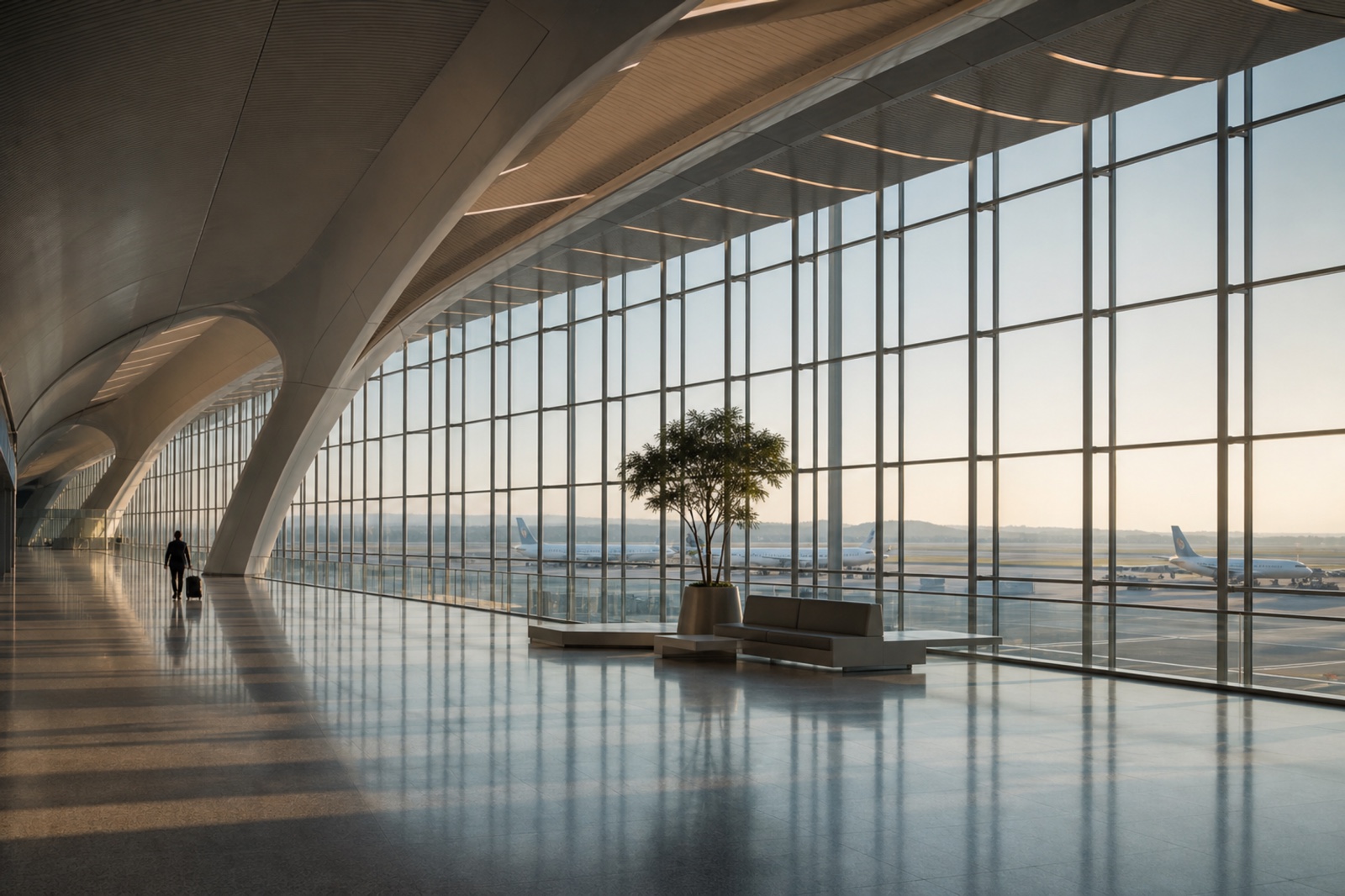 Sunlit contemporary airport terminal with sweeping structural arches.