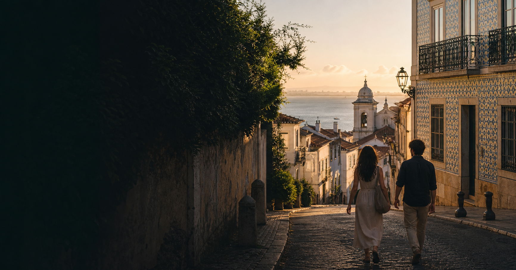 Travelers arriving in Lisbon at golden hour